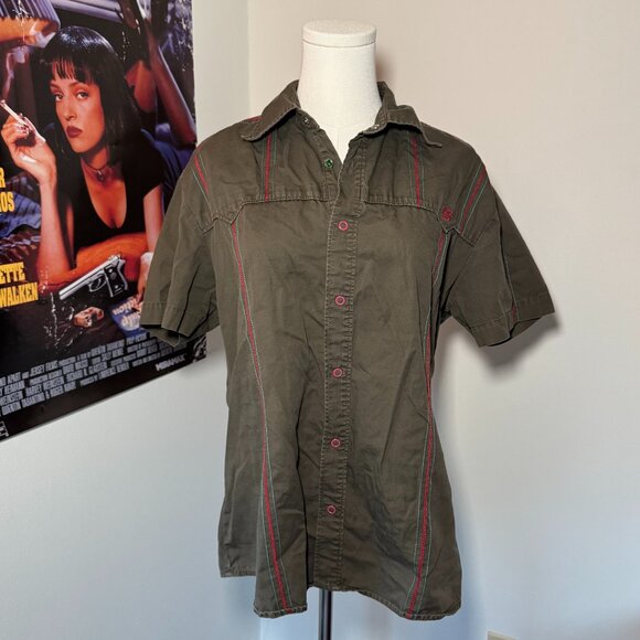 Diesel Tops - Diesel Olive Green Button-Down Shirt with Red Trim
